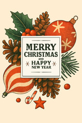 Vintage nature frame design with green pine branch and autumn leaves for a Christmas holiday greeting card border