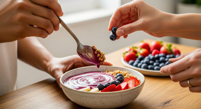 Close-up of two people preparing a delicious and healthy berry smoothie bowl, adding fresh blueberries and strawberries for a nutritious breakfast