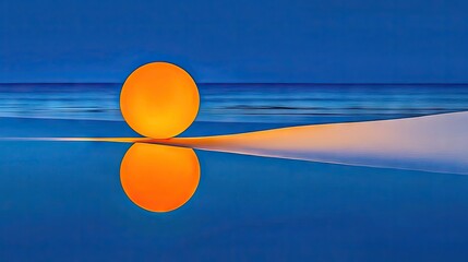 Vibrant orange orb reflected in tranquil water, a peaceful beach scene.