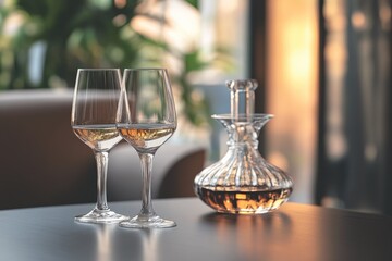 Elegant stemmed glasses and a ribbed decanter with amber liquid sit on a dark table. Soft window light creates a sophisticated ambiance.