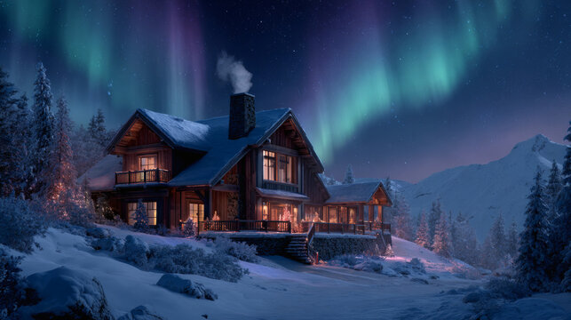 Cozy cabin glows warmly under a majestic aurora borealis in a snowy winter landscape. - Powered by Adobe