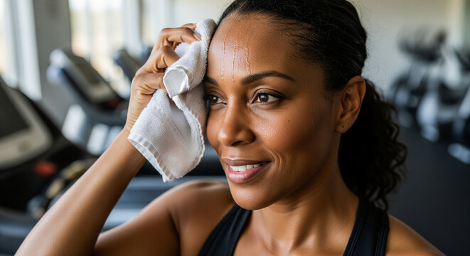 Close-up of a determined African American woman wiping sweat from her forehead with a white towel after an intense workout at the fitness center