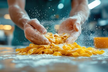 Flour-dusted hands gently toss fresh, golden pasta on a wooden surface, with flour particles flying. Capturing the art of homemade cooking.