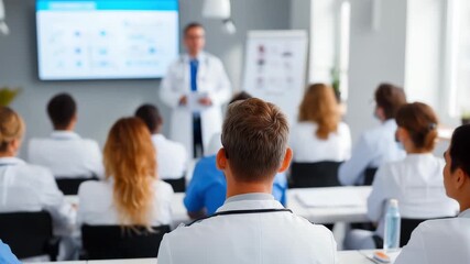 Healthcare professionals participate in a training session led by an instructor in a contemporary classroom setting