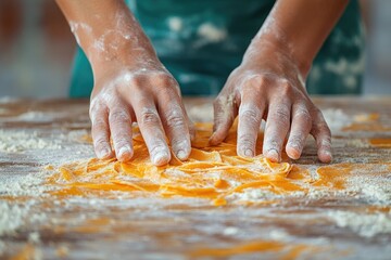 Hands covered in flour gently arranging freshly made orange pasta ribbons on a rustic wooden table, preparing a delicious homemade meal.