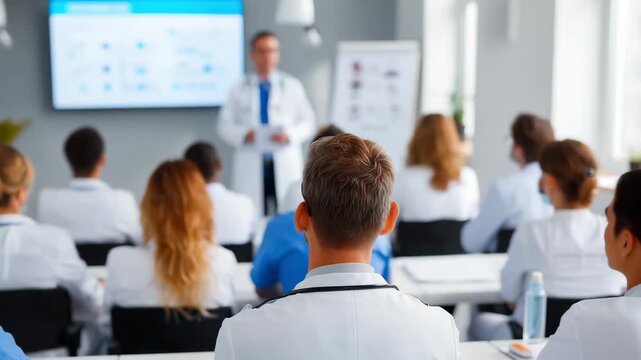 Healthcare professionals participate in a training session led by an instructor in a contemporary classroom setting
