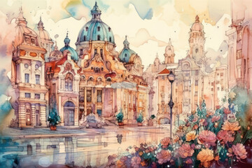 Fototapeta premium A watercolor illustration of a European city with magnificent historic architecture. 