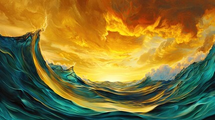 Vibrant ocean waves against a fiery sunset sky.