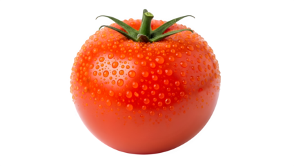 Fresh red tomato with water droplets, ripe and juicy, isolated on transparent background
