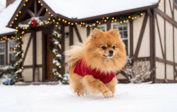Pomeranian dog wearing Christmas outfit in snowy yard