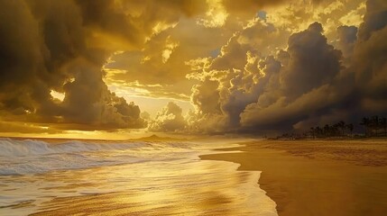 Dramatic golden sunrise over a tropical beach.