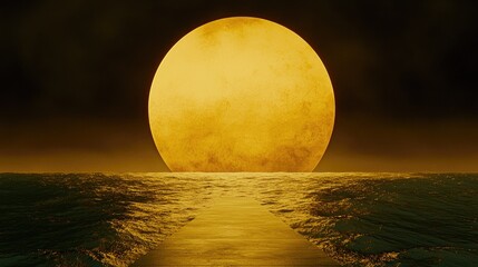 A large, golden moon rising above a tranquil ocean.