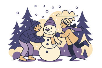 Fototapeta premium Building a Snowman. Snowy outdoor joy. Friends finishing snowman, scarf and hat being added, snow falling