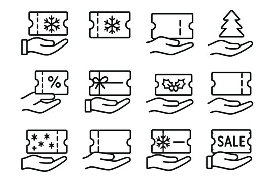 Winter Sale Icons. Winter sale card. Line outline icon set of winter sale card: hand holding coupon, coupon