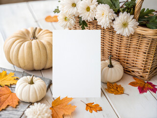 Autumn Invitation Card Mockup with Neutral Pumpkins, Fall Leaves and Rustic Basket Floral Arrangement for Seasonal Event Designs