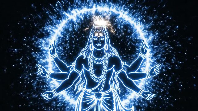 Dynamic Digital Depictions of Multi-Armed Deity with Electric Aura in a Dark