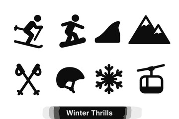 Winter Sports Icons. Winter Thrills. Filled icon set of Winter Thrills: skier, snowboarder, snow slope,