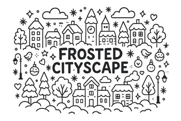 Frosted City Doodle. Frosted Cityscape. Hand-drawn doodle illustration of Frosted Cityscape. City buildings,