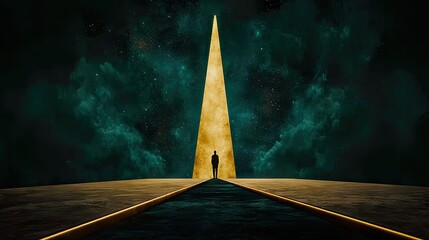 Silhouette figure stands before a golden cosmic pathway.
