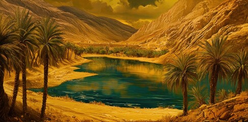 Golden desert oasis with a tranquil lake.