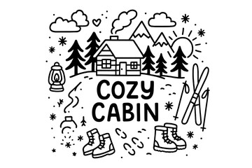 Cozy Cabin Doodle. Cozy Cabin. Hand-drawn doodle illustration of Cozy Cabin. Ski lodge, sunset, mountains,