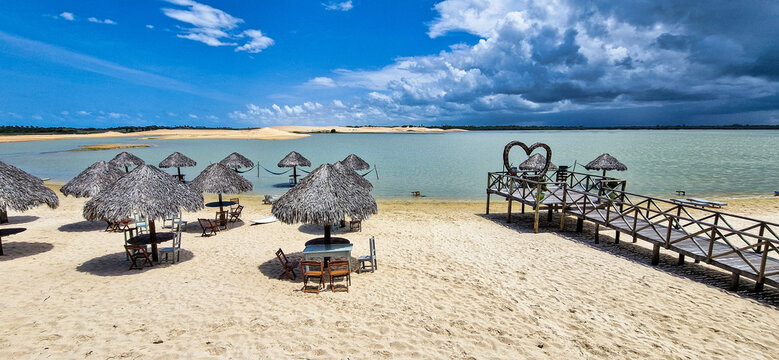 Straw huts on the banks of the Torta Lagoon, Tatajuba Beach at Jijoca de Jericoacoara, Ceara in Brazil