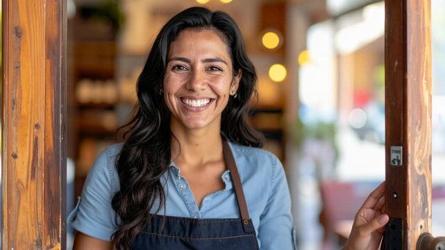 Woman smiling, opening a shop door, welcoming customers.