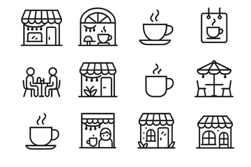 Festive Coffee Icons. Festive coffee shop. Line outline icon set of festive coffee shop: small café building,