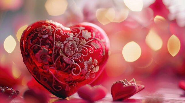 Valentine's Day, A decorative red heart with floral patterns, surrounded by soft bokeh lights. The scene evokes love and romance. copy space, free space for text