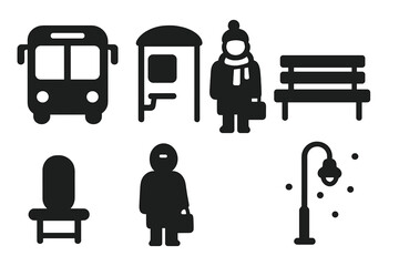 Winter Wait Icon Set. Waiting in Winter. Filled icon set of Waiting in Winter: bus, bus stop shelter, person