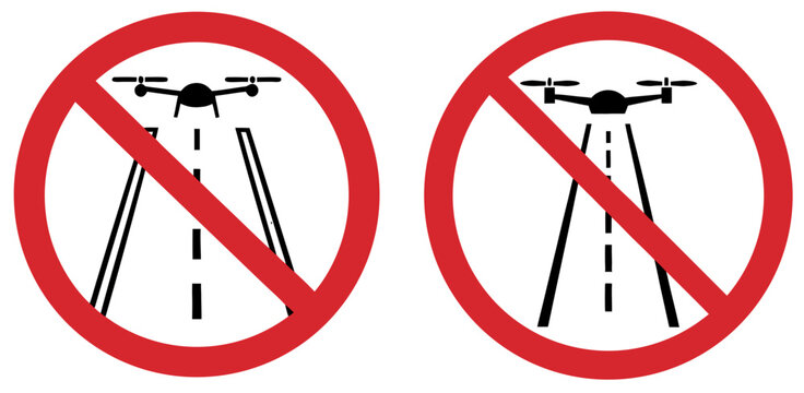 Set of prohibition signs indicating that drone usage is not allowed above highways