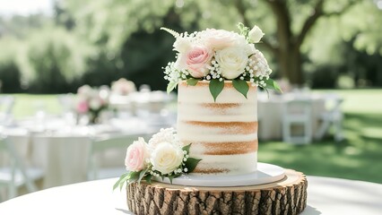 Beautiful wedding cake with flowers at an outdoor ceremony in spring