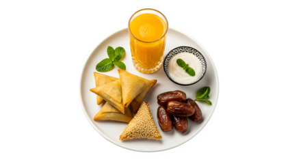 Traditional iftar meal with samosas, dates, orange juice, and yogurt, isolated on transparent background