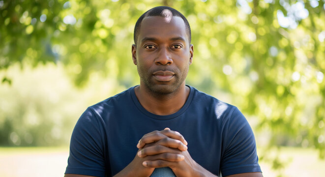 Portrait of a confident African American man with a serious expression looking directly at the camera while sitting outdoors in a tranquil park