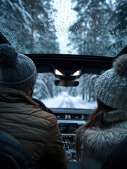 back view of beautiful young couple driving in modern car with glass roof in winter forest no logos no brands ar 34