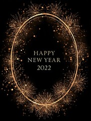 elegant oval frame with sparkling golden fireworks and happy new year text on a dark background perfect for festive greetings and celebrations 2026