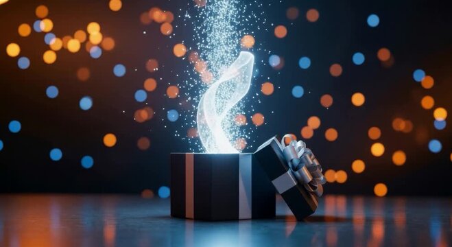 Magical glowing particles rising from open gift box on dark festive background with bokeh lights