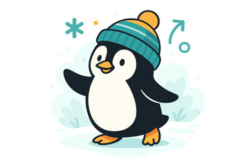 Obraz premium Beanie-Clad Penguin. Penguin wearing a beanie. Cute penguin standing on ice, colorful knitted beanie on its