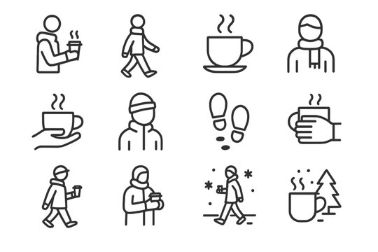 Winter Coffee Icons. Winter coffee stroll icons. Line outline icon set of winter coffee stroll icons: person