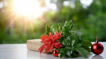 Holiday Gift Under the Sun: A festive gift, adorned with a bright red bow, rests alongside vibrant greenery and a shiny ornament, capturing the essence of the festive season under a warm sun.