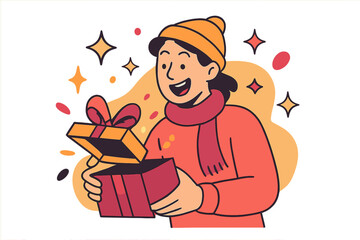 Joyful Gift Unwrapping. Excited gift reaction. Person holding opened present, wide smile, abstract floating