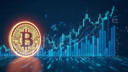 This dynamic animation showcases a glowing, stylized digital currency symbol set against a backdrop of evolving financial bar charts and line graphs, illustrating market growth and an upward trend. Th - Powered by Adobe
