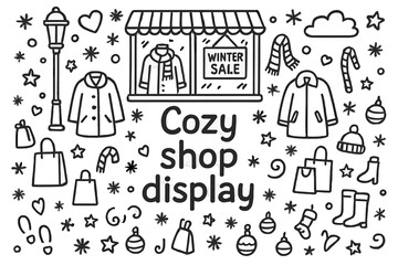 Cozy Shop Illustration. Cozy shop display. Hand-drawn doodle illustration of Cozy shop display. Shop window,