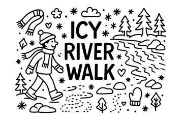Obraz premium Icy River Walk. Icy River Walk. Hand-drawn doodle illustration of Icy River Walk. Person, frozen river, snow,