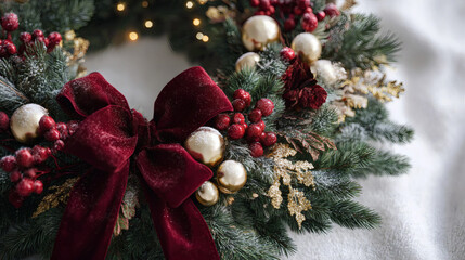 Elegant Christmas wreath adorned with velvet bow, berries, and golden ornaments, evoking festive holiday spirit.