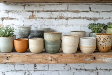 Rustic wooden shelf displaying a diverse collection of handmade ceramic pots and bowls, some with plants, against a white brick wall.