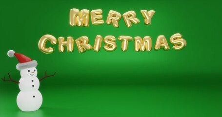 Merry Christmas Gold Balloon Letters with Snowman on Green Background