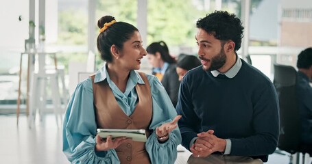 Business, team talking and tablet in meeting with online research, plan and ideas for email marketing. Brand discussion, colleagues with social media and people with digital info for creative project - Powered by Adobe