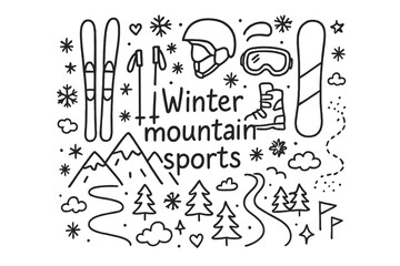 Obraz premium Winter Sports Doodle. Winter mountain sports. Hand-drawn doodle illustration of Winter mountain sports. Skis,