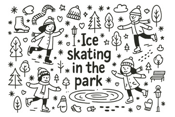 Park Ice Skating Doodle. Ice skating in the park. Hand-drawn doodle illustration of Ice skating in the park.